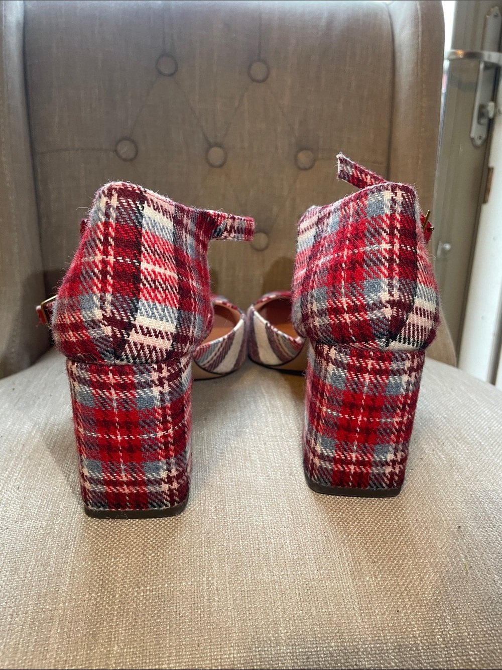 JCrew Plaid Red Multi Ankle-Strap Women’s Block Heels - Picture 7 of 7